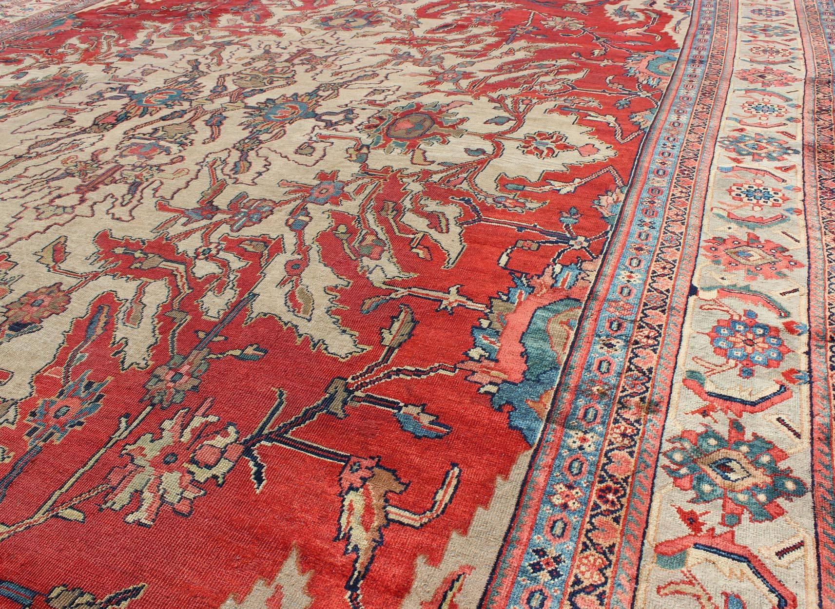 Wool Large Antique Persian Sultanabad Rug in Red, Ivory For Sale
