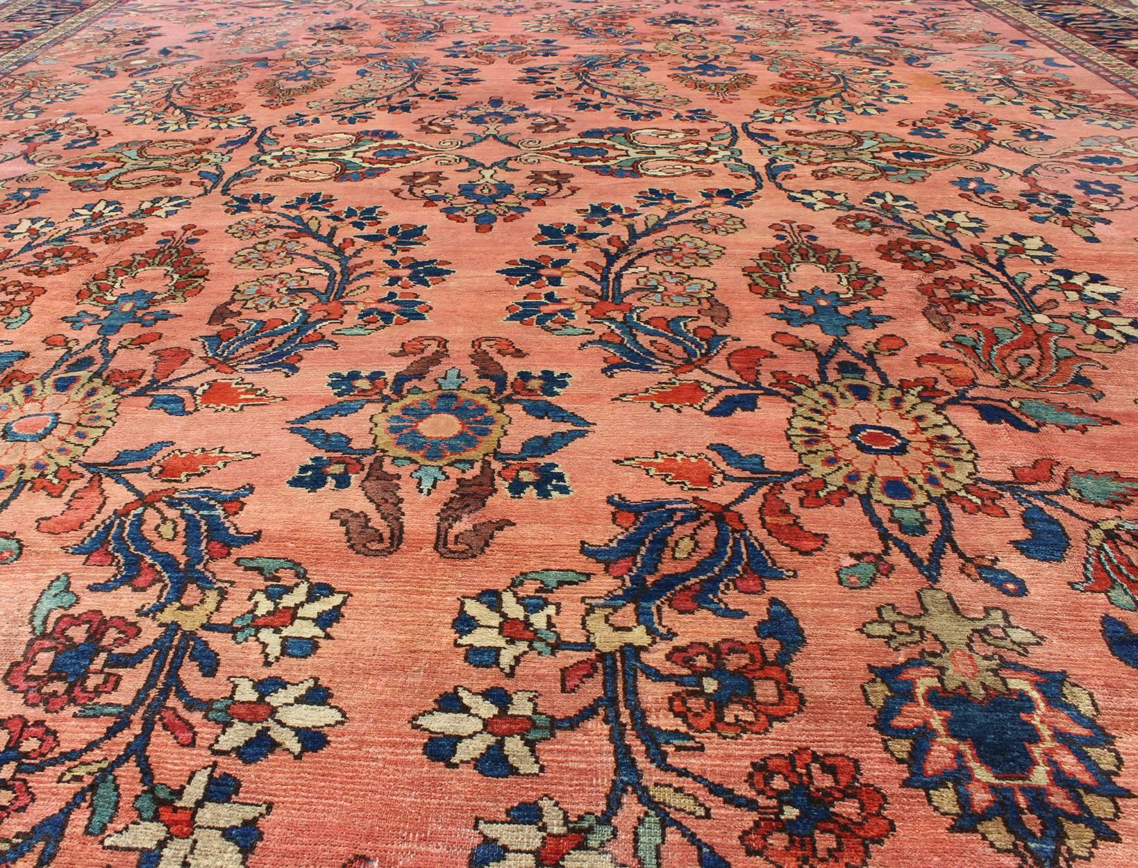 Hand-Knotted Large Antique Persian Lilihan Rug in Salmon, Blue, Green, Yellow & Rust Colors For Sale