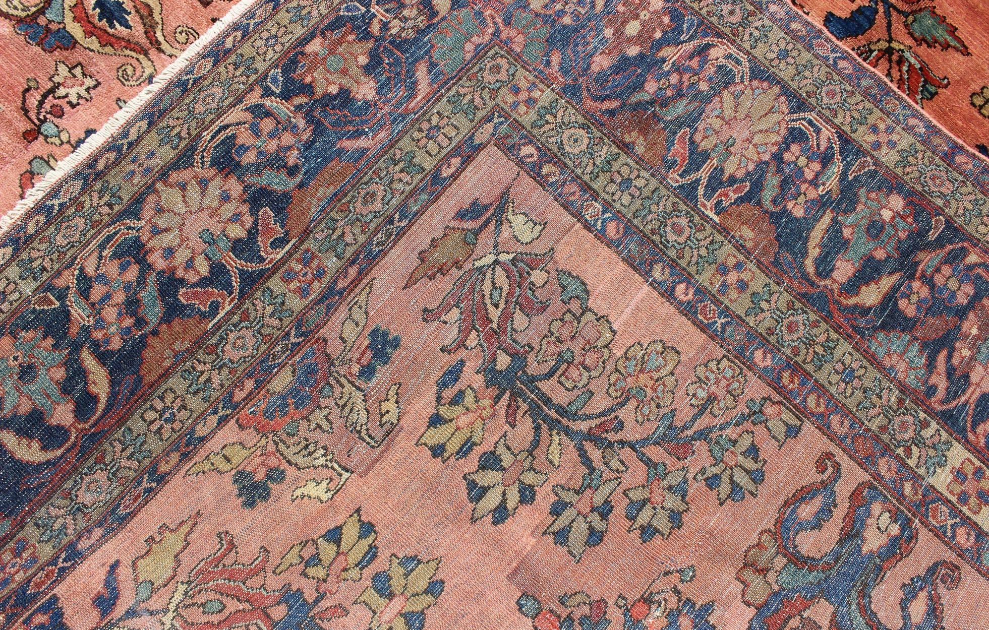 Large Antique Persian Lilihan Rug in Salmon, Blue, Green, Yellow & Rust Colors For Sale 1