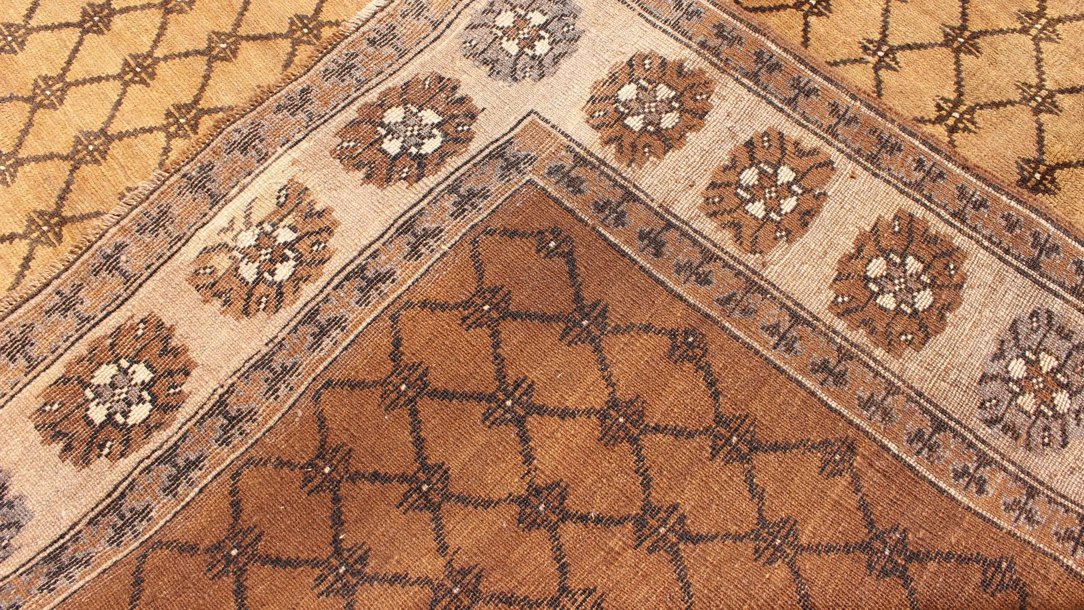 Wool Vintage Turkish Rug with Modern Design in Brown, Mocha and Cream