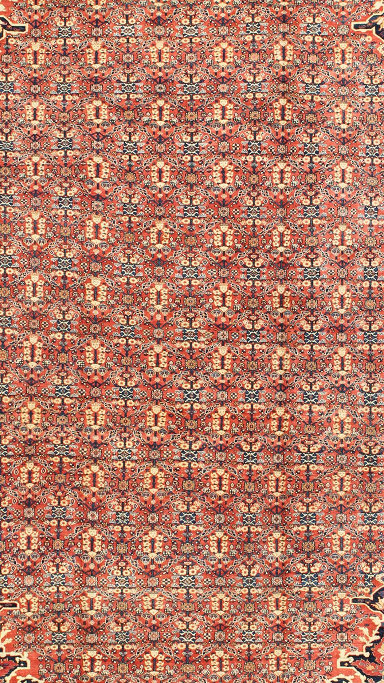 Antique Persian Sultanabad Rug with All Over Design in Rust Red, Blue and Cream In Excellent Condition In Atlanta, GA