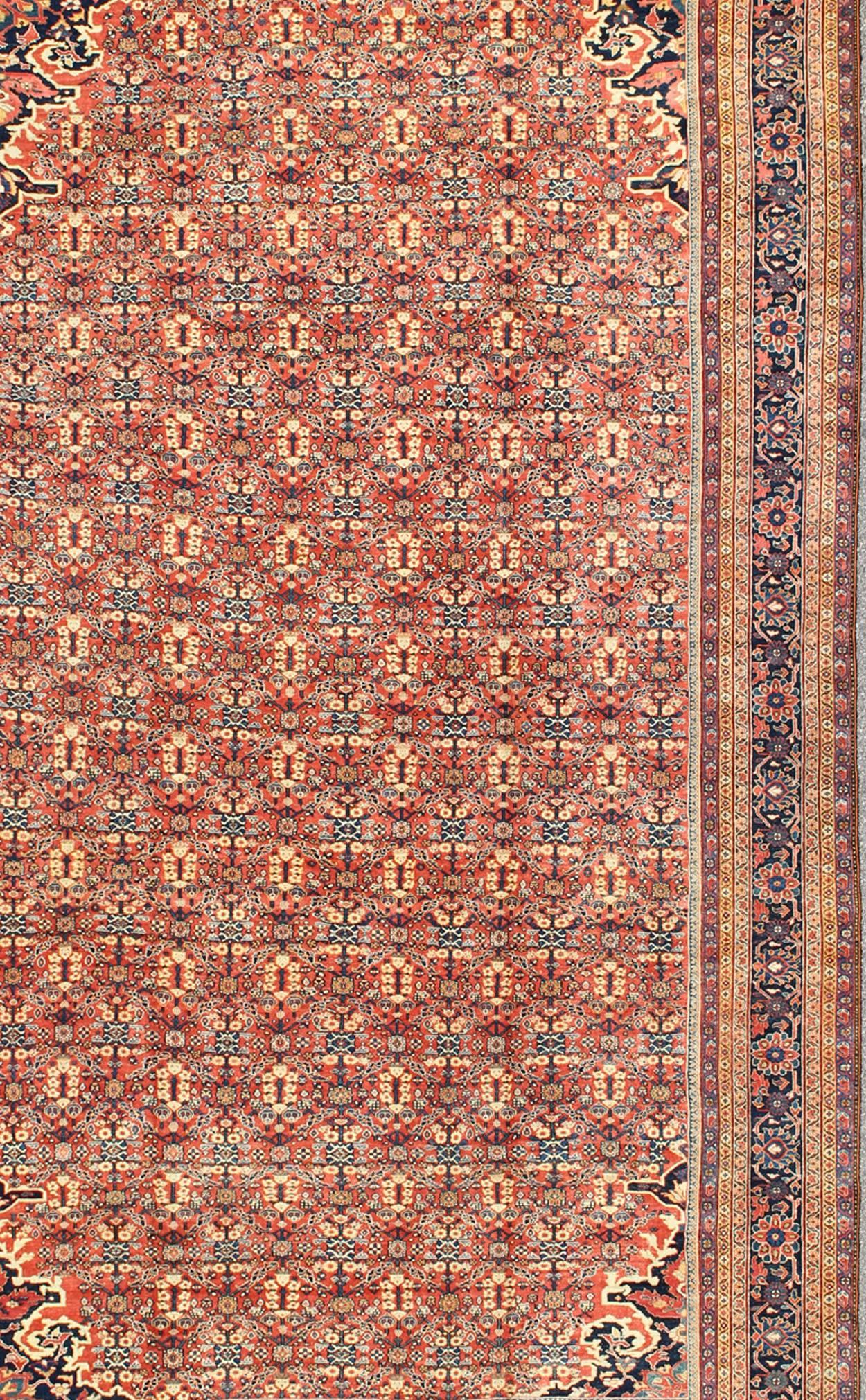 20th Century Antique Persian Sultanabad Rug with All Over Design in Rust Red, Blue and Cream