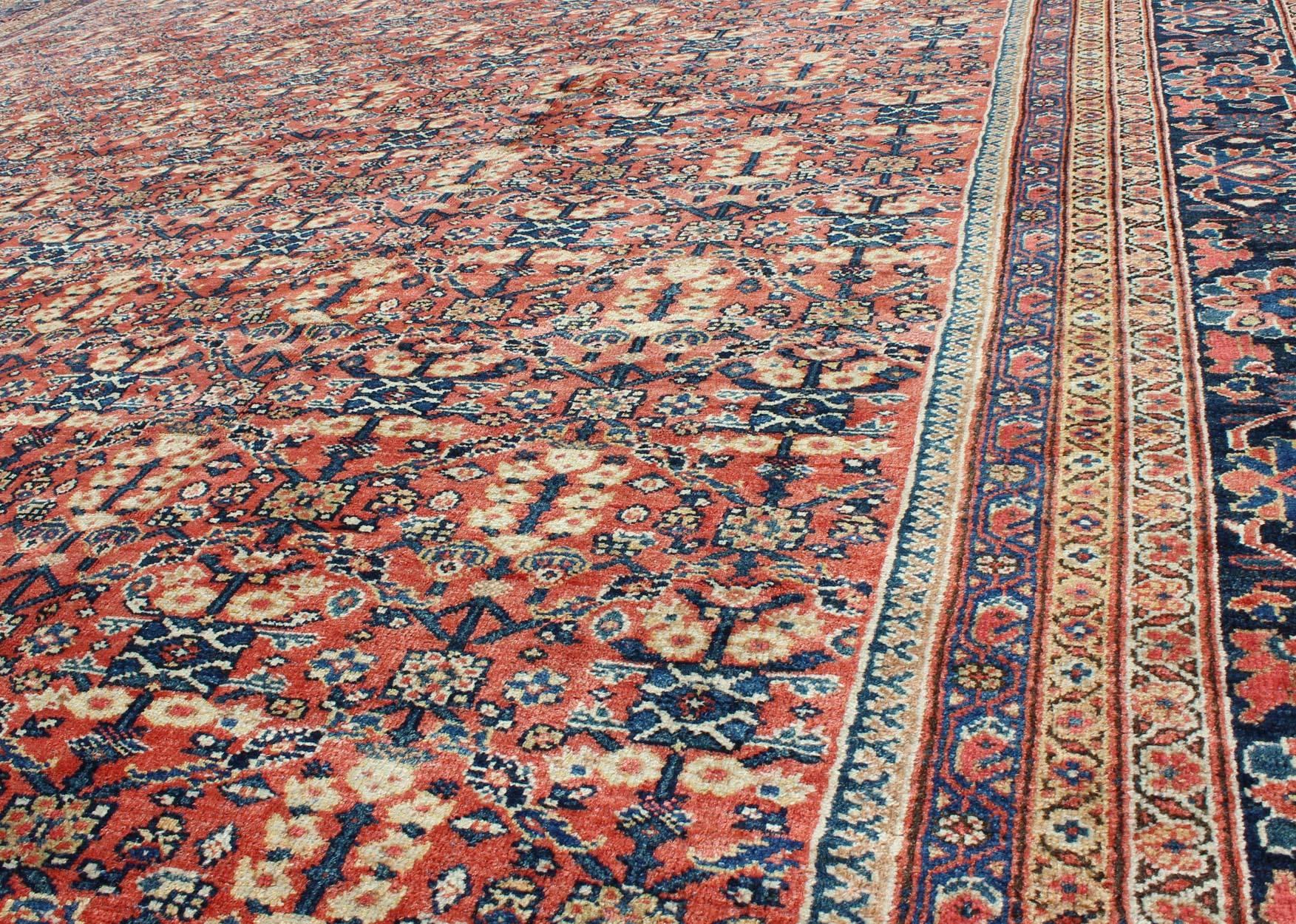 Wool Antique Persian Sultanabad Rug with All Over Design in Rust Red, Blue and Cream