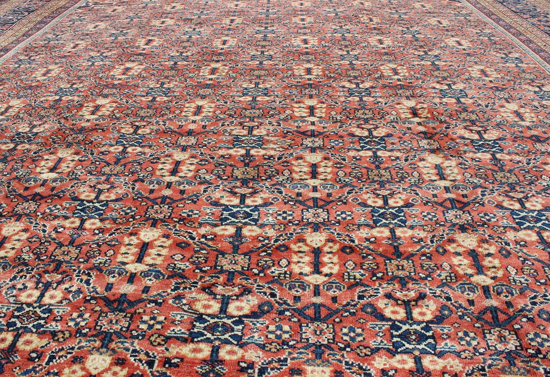 Antique Persian Sultanabad Rug with All Over Design in Rust Red, Blue and Cream 1