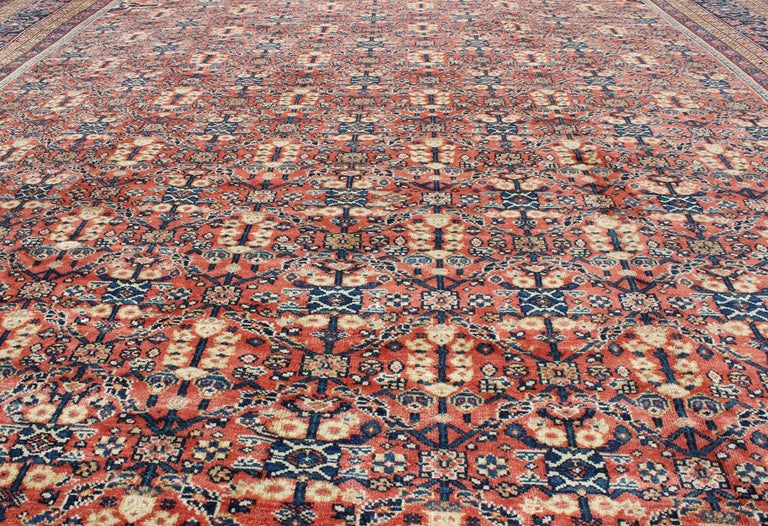 Antique Persian Sultanabad Rug with All Over Design in Soft Red, Blue