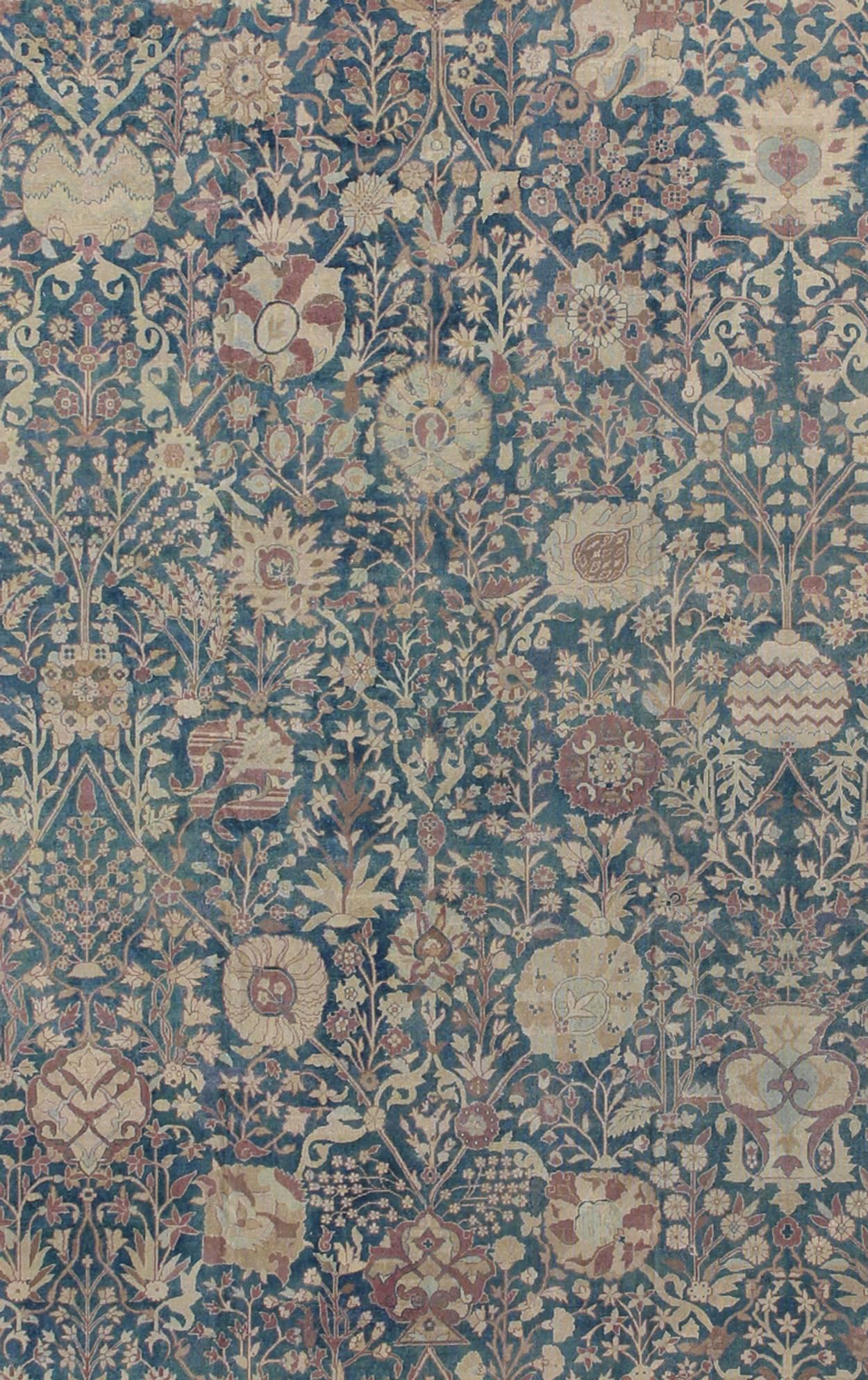 Stunning Antique Indian Agra 19th Century Vase Carpet in Teal Background In Good Condition For Sale In Atlanta, GA