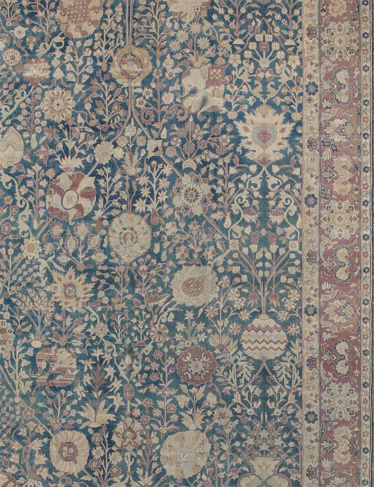 Wool Stunning Antique Indian Agra 19th Century Vase Carpet in Teal Background For Sale