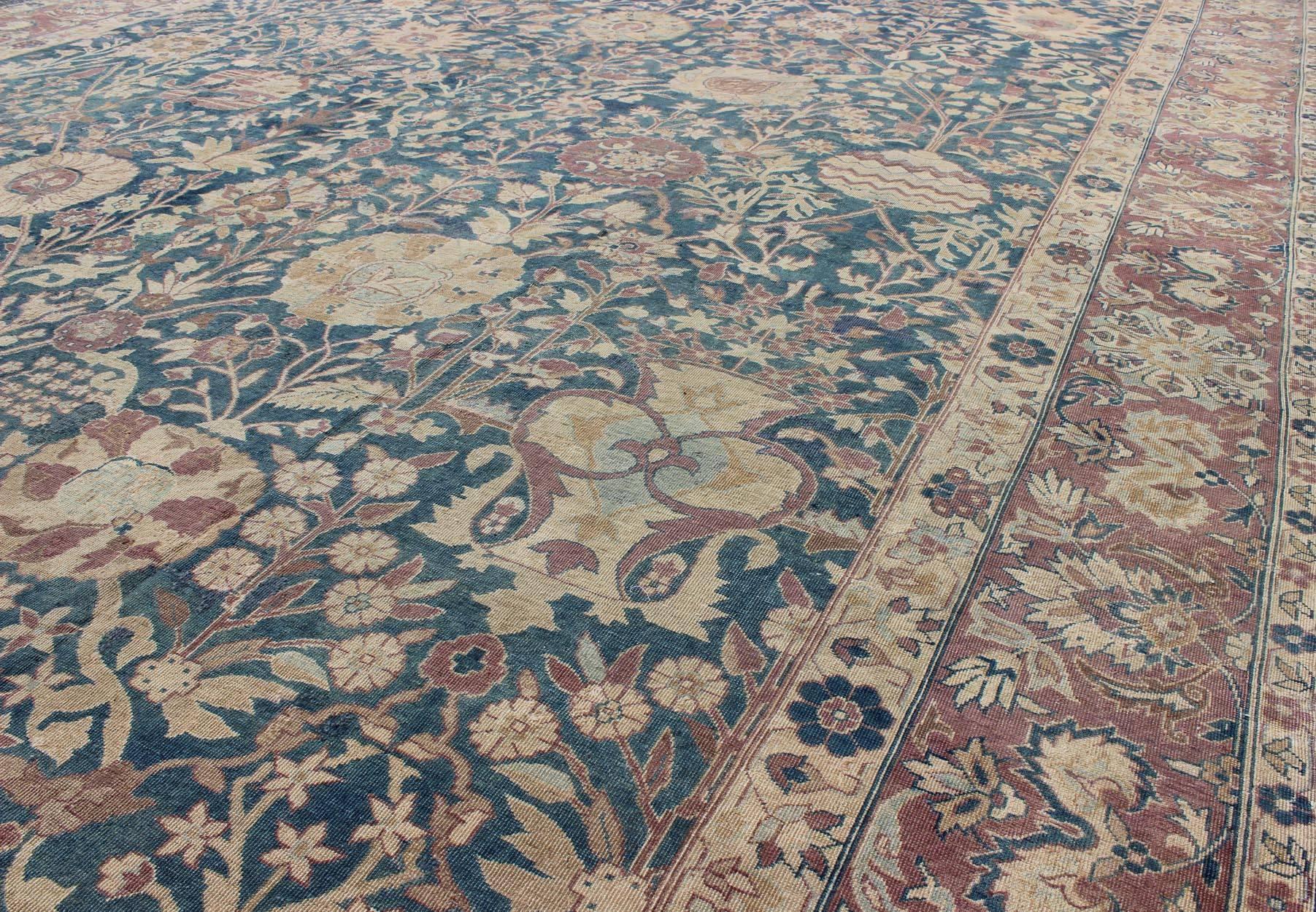 Stunning Antique Indian Agra 19th Century Vase Carpet in Teal Background For Sale 1