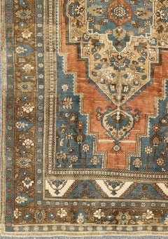 Antique Turkish Colorful Oushak Gallery Rug In Blue Brown & Terra-cotta