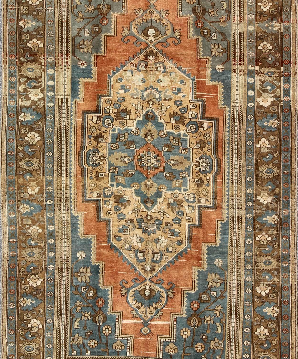 Antique Turkish Colorful Oushak Gallery Rug In Blue Brown & Terra-cotta In Good Condition For Sale In Atlanta, GA