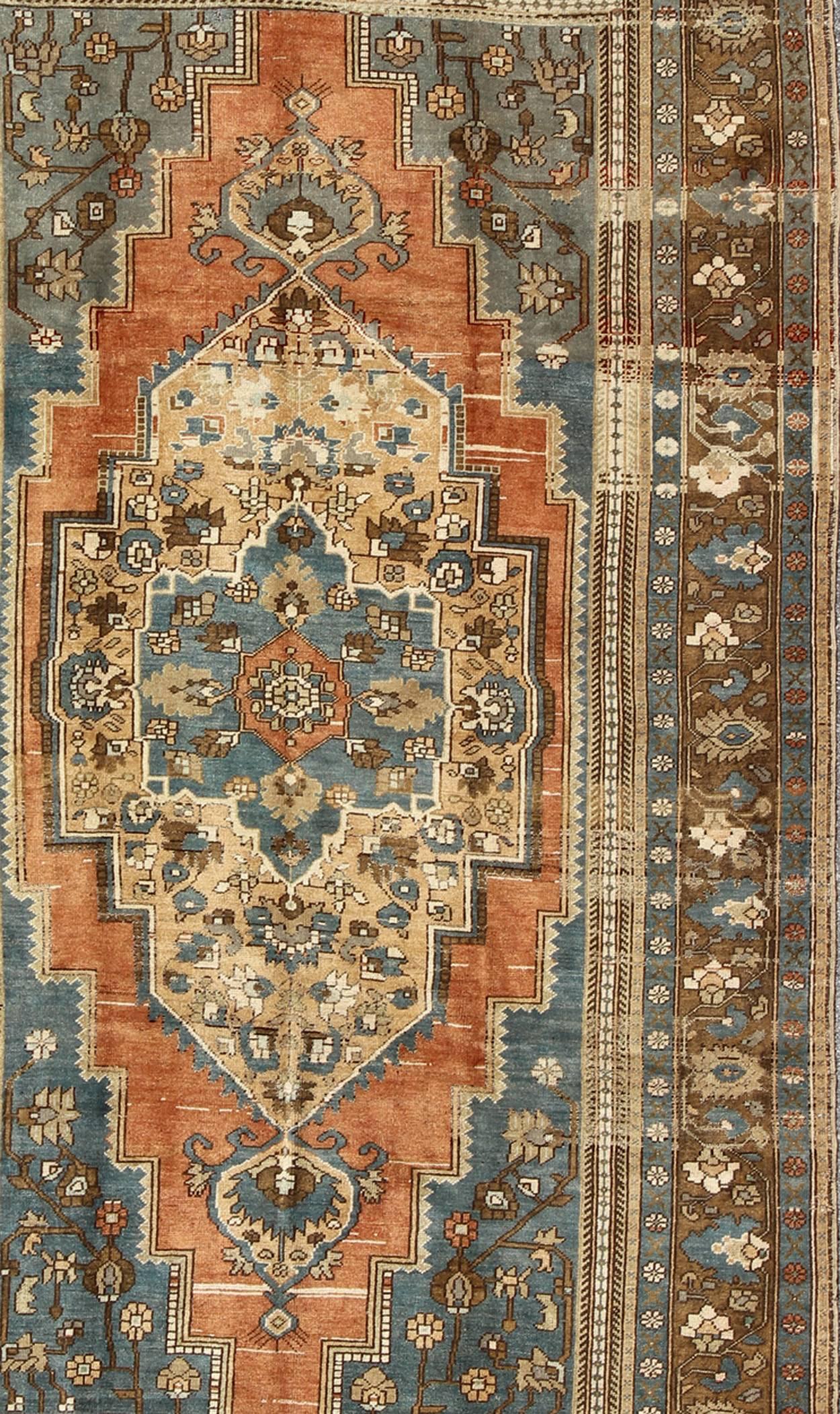 Mid-20th Century Antique Turkish Colorful Oushak Gallery Rug In Blue Brown & Terra-cotta For Sale