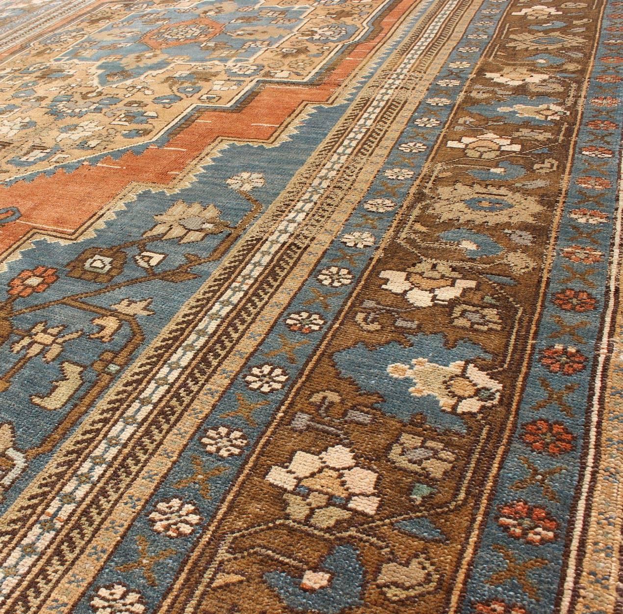 Wool Antique Turkish Colorful Oushak Gallery Rug In Blue Brown & Terra-cotta For Sale