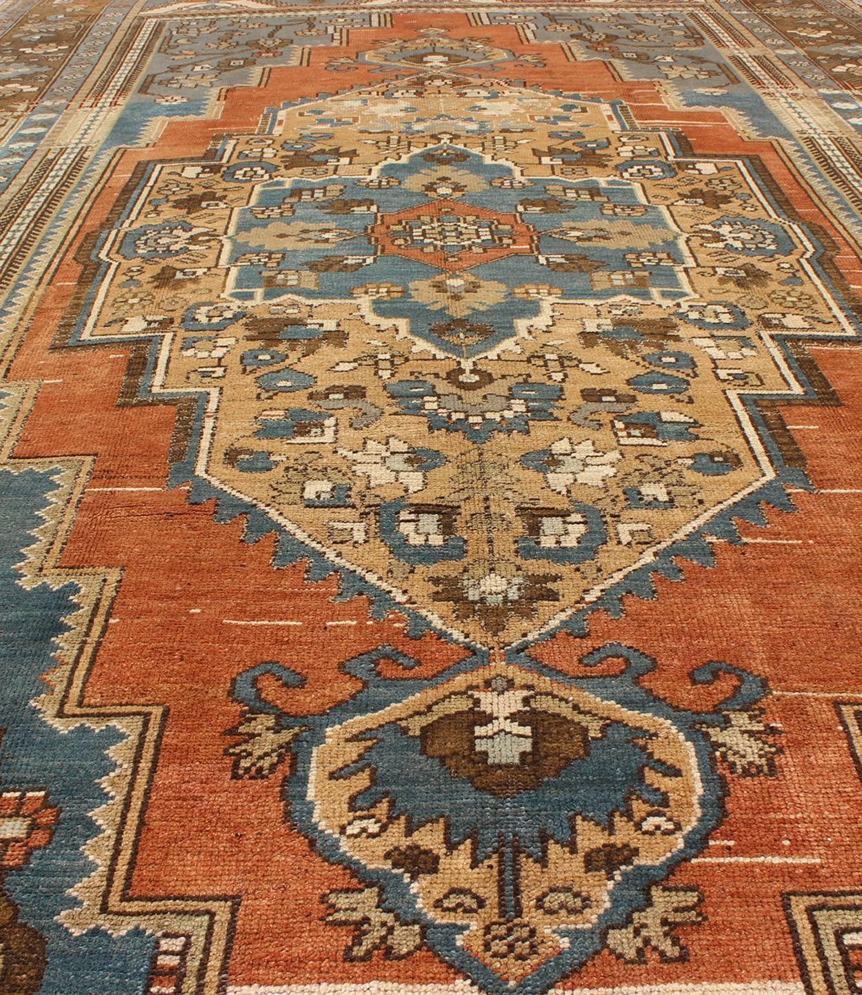 Antique Turkish Colorful Oushak Gallery Rug In Blue Brown & Terra-cotta For Sale 1