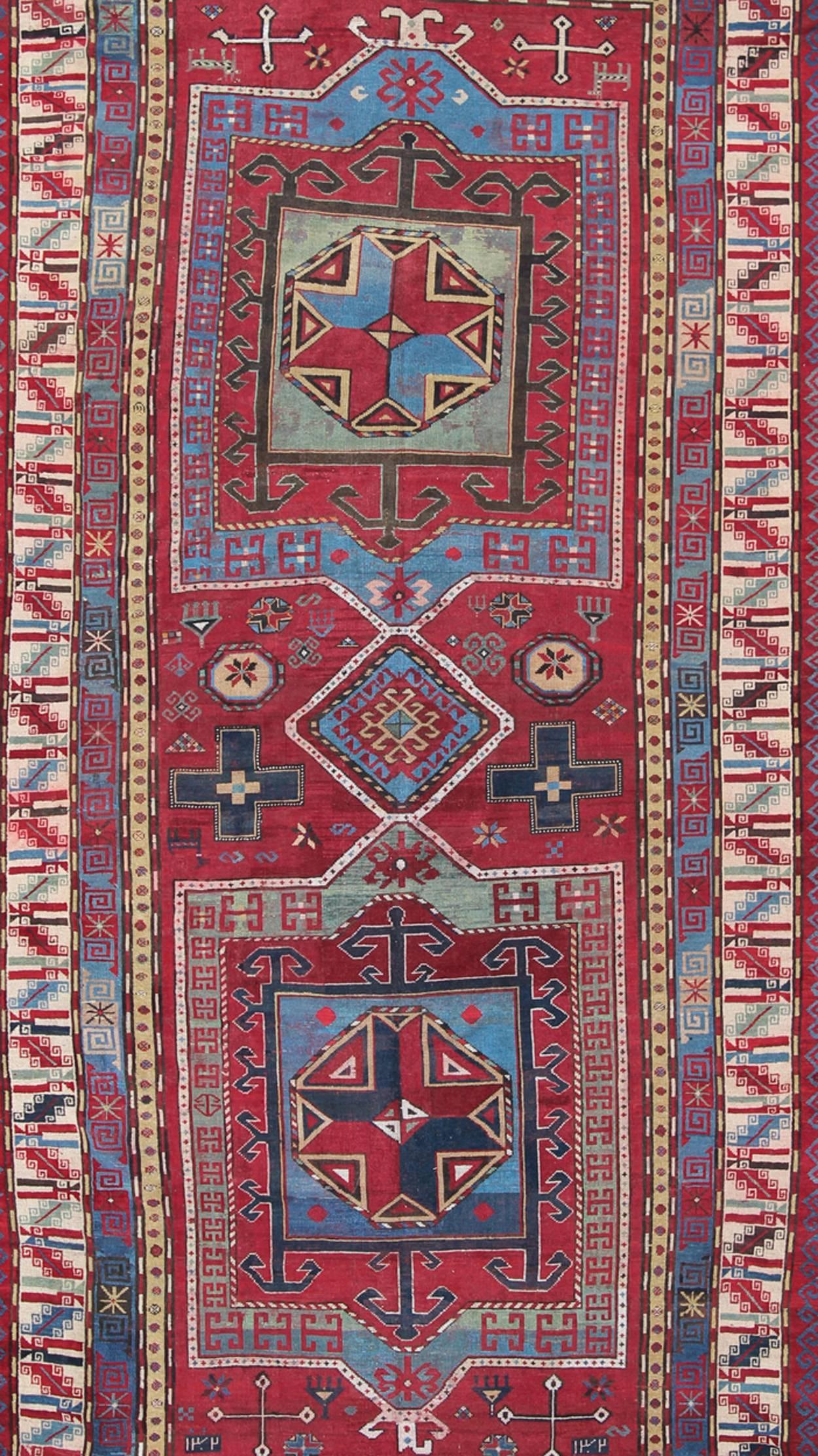 Armenian 19th Century Antique Caucasus Kazak Gallery Carpet With Dual Geometric Medallion For Sale