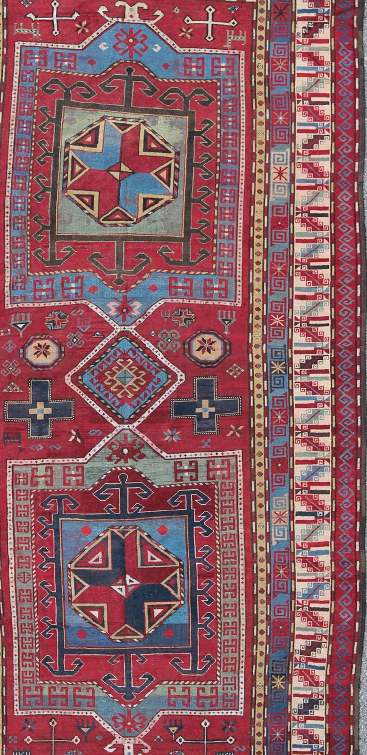 19th Century Antique Caucasus Kazak Gallery Carpet With Dual Geometric Medallion In Good Condition For Sale In Atlanta, GA