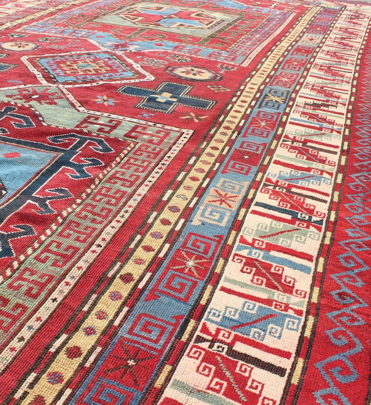 Wool 19th Century Antique Caucasus Kazak Gallery Carpet With Dual Geometric Medallion For Sale