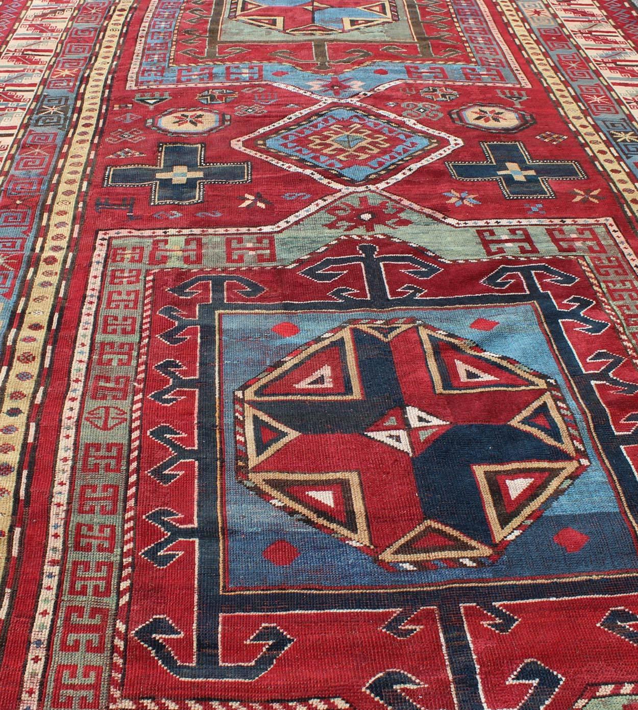 19th Century Antique Caucasus Kazak Gallery Carpet With Dual Geometric Medallion For Sale 1
