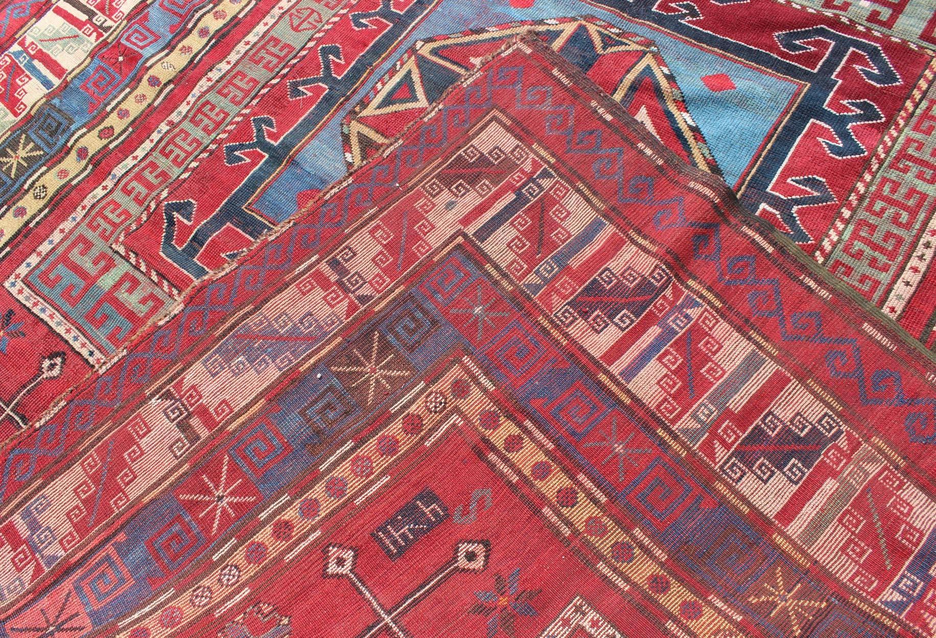 19th Century Antique Caucasus Kazak Gallery Carpet With Dual Geometric Medallion For Sale 2