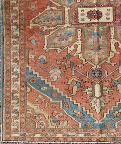 Antique Persian Small Serapi Carpet in Salmon, Light Blue and Ivory