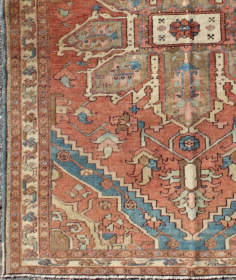 Antique Persian Small Serapi Carpet in Salmon, Light Blue and Ivory at ...