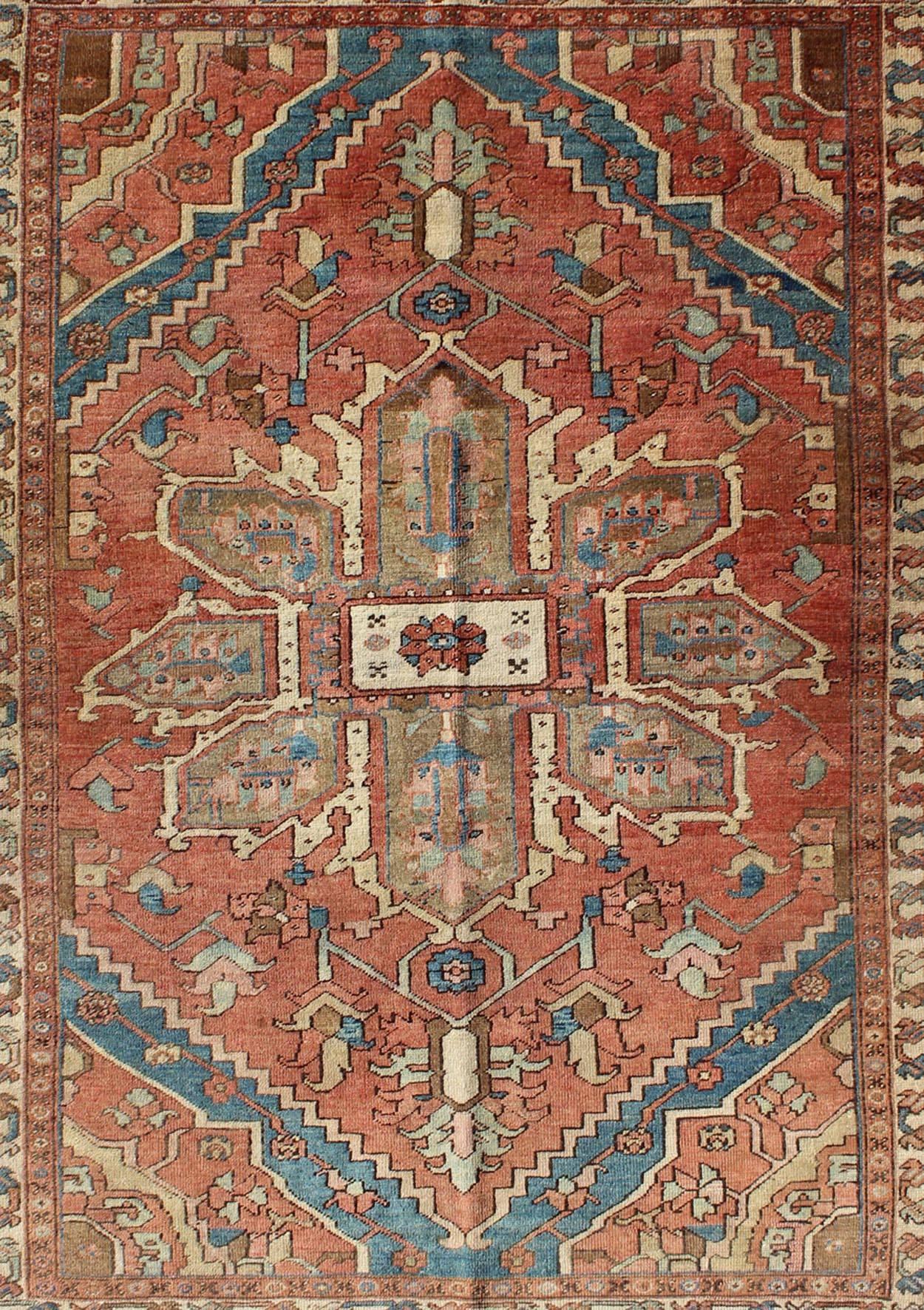 Antique Persian Small Serapi Carpet in Salmon, Light Blue and Ivory In Good Condition In Atlanta, GA
