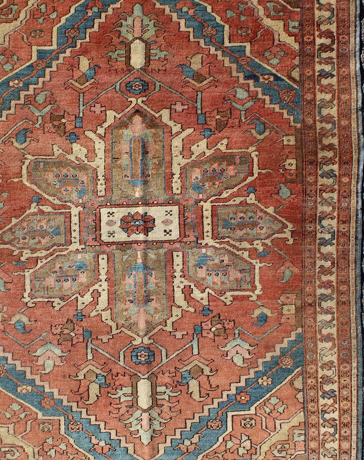 19th Century Antique Persian Small Serapi Carpet in Salmon, Light Blue and Ivory