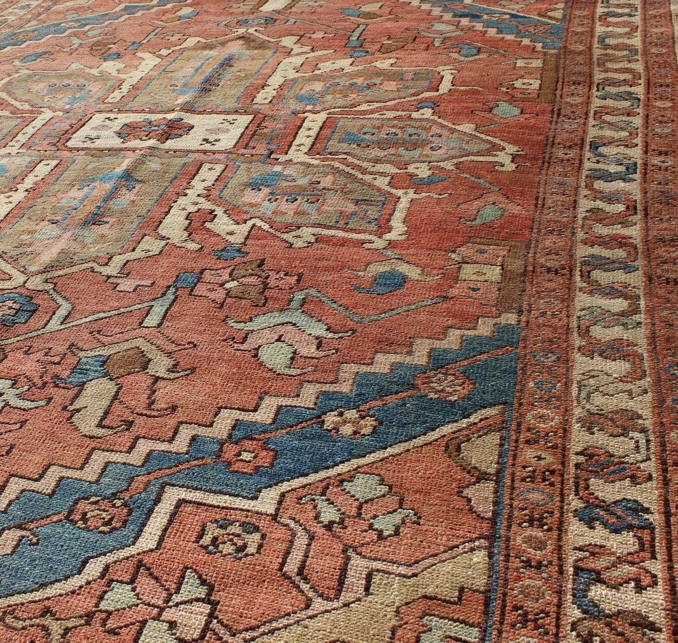 Wool Antique Persian Small Serapi Carpet in Salmon, Light Blue and Ivory