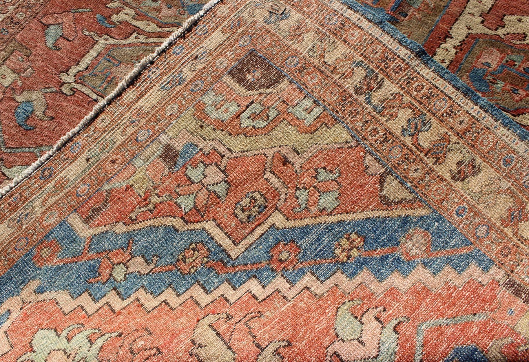 Antique Persian Small Serapi Carpet in Salmon, Light Blue and Ivory 1