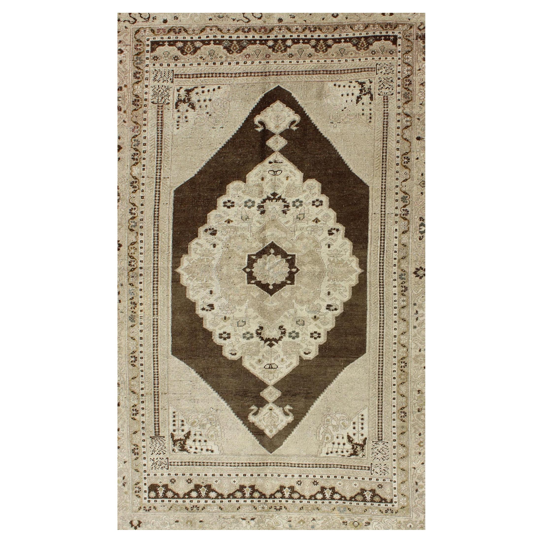Vintage Turkish Oushak Rug in Taupe and Mocha Brown With Cream Medallion
