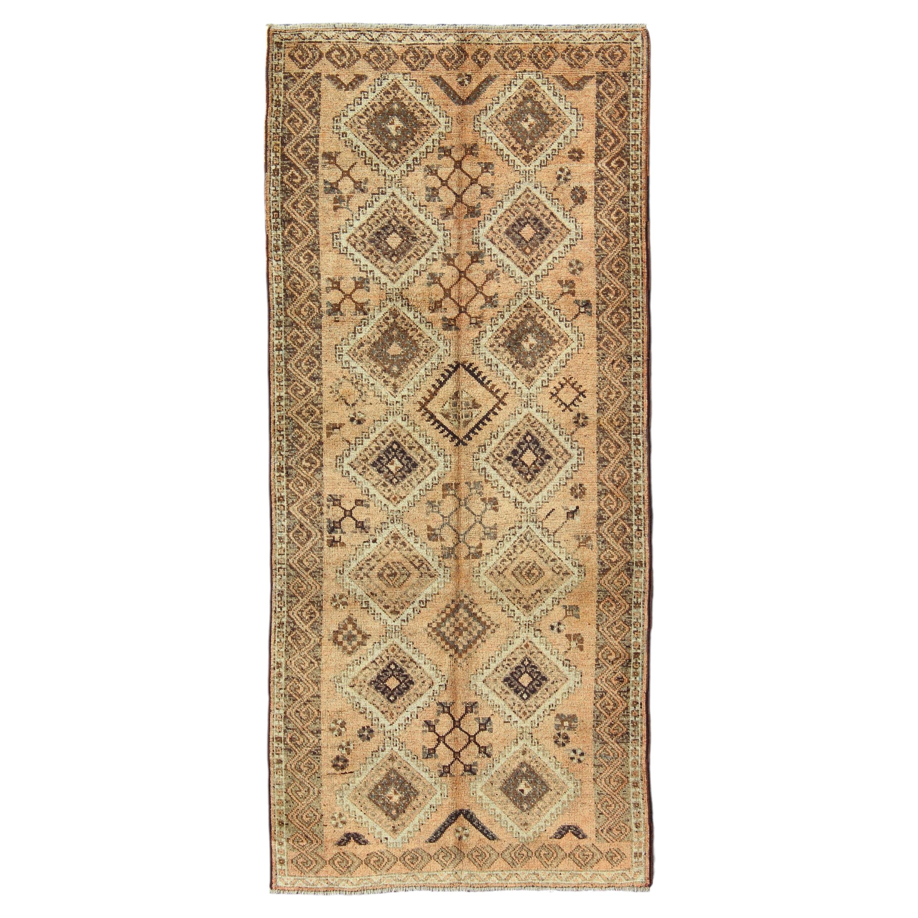 Vintage Tribal Turkish Wide Runner with Repeating Diamond & Geometric Motifs