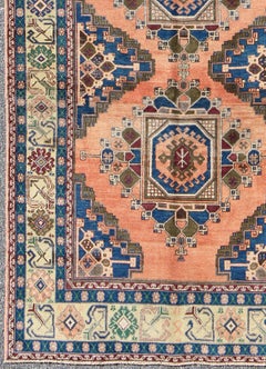 Vintage Oushak Rug From Turkey With Medallions in Salmon Pink and Blue