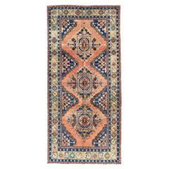 Vintage Oushak Rug From Turkey With Medallions in Salmon Pink and Blue
