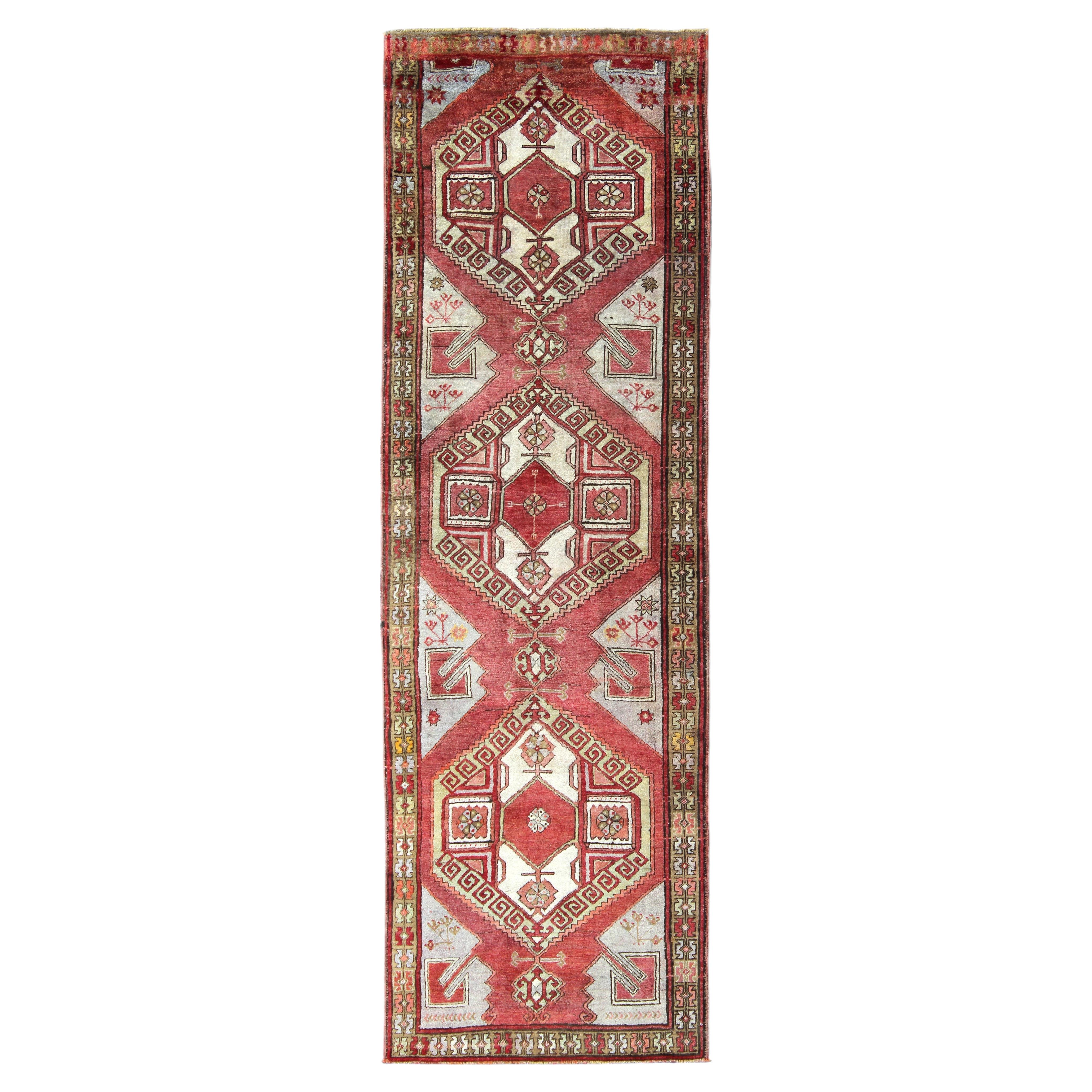 Vintage Turkish Oushak Gallery Runner With Geometric Design in Red, Olive Green