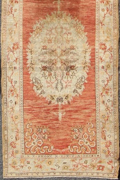 Vintage Turkish Oushak Runner with Floral Medallions in Red, Olive Green & Cream