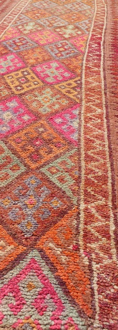Multicolored Vintage Turkish Oushak Runner with Diamond Geometric Design