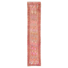 Multicolored Vintage Turkish Oushak Runner with Diamond Geometric Design