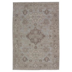 Modern Oushak Rug with Lt Blue Field and Warm Brown Medallion Design 4'11 x 7'8