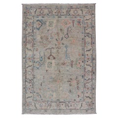 Modern Oushak Rug by Keivan Woven Arts in Soft Blue and Coral 3'8 x 5'10