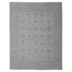Large Modern Oushak Rug by Keivan Woven Arts in Ivory and Soft Blue 12 x 15