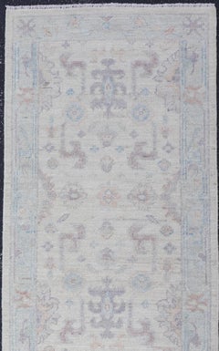 Modern Oushak Runner by Keivan Woven Arts in Ivory and Soft Blue 2'6 x 8'0