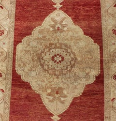 Red Background Vintage Turkish Oushak Gallery Runner with Three Taupe Medallions