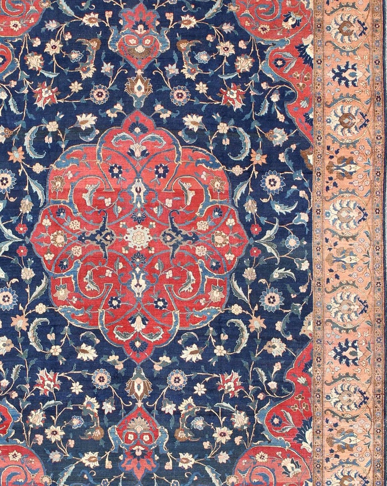 Antique Large Persian Tabriz Rug with Large Flowers in Navy Background ...