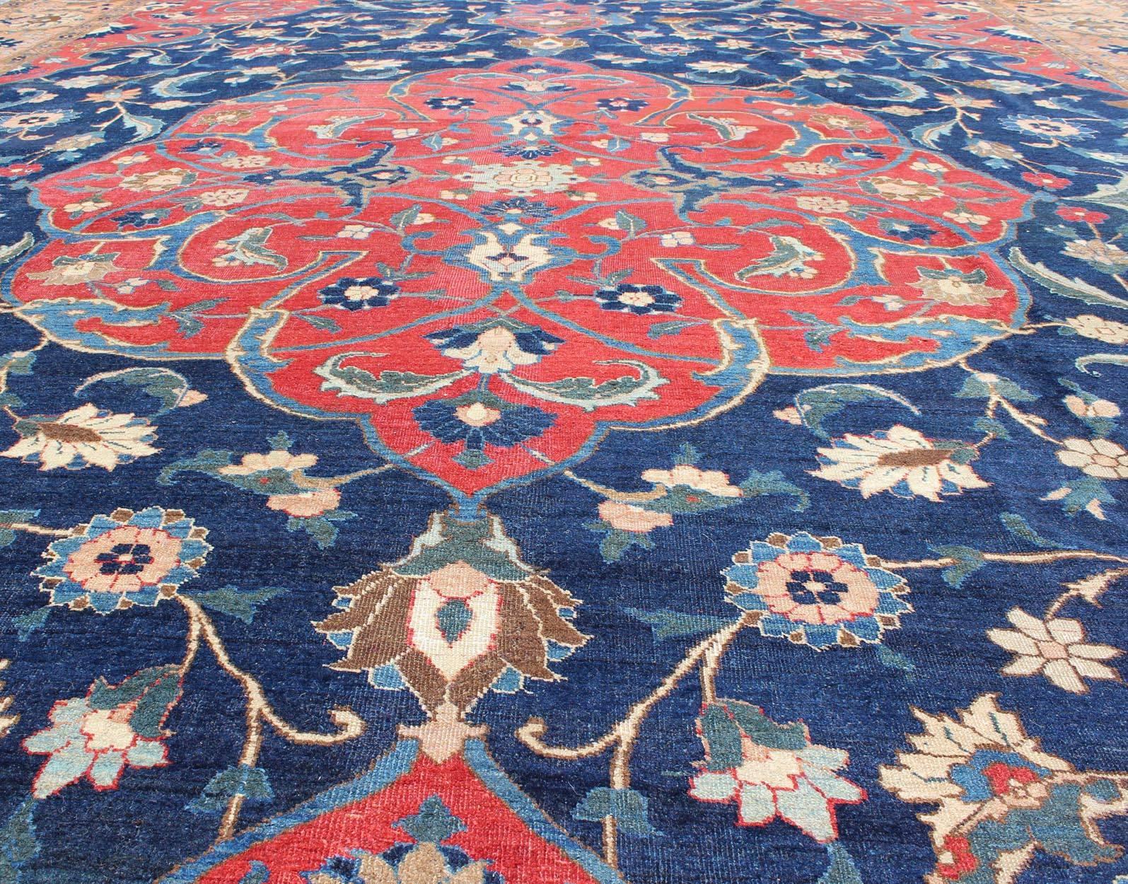 Hand-Knotted Antique Large Persian Tabriz Rug with Large Flowers On A Navy Background For Sale
