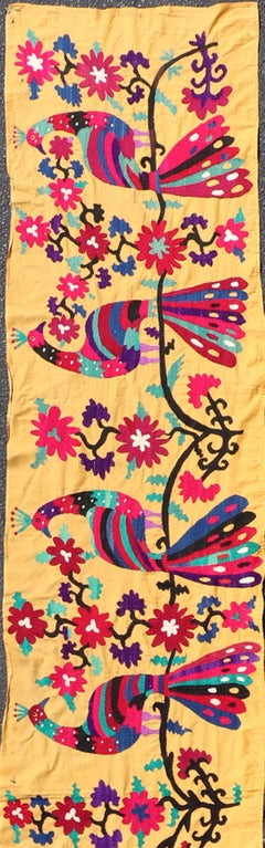 Antique Uzbekistan Suzani Runner with Colorful Peacock and Botanical Design