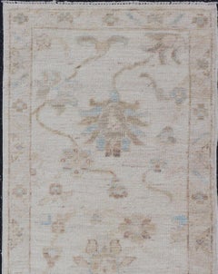 Modern Oushak Rug with Soft Sand, Light Blue and Botanical Vine Design 2'1 x 4'9