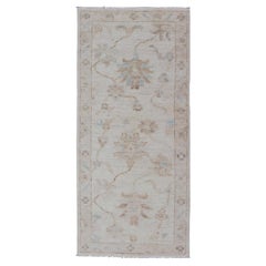 Modern Oushak Rug with Soft Sand, Light Blue and Botanical Vine Design 2'1 x 4'9