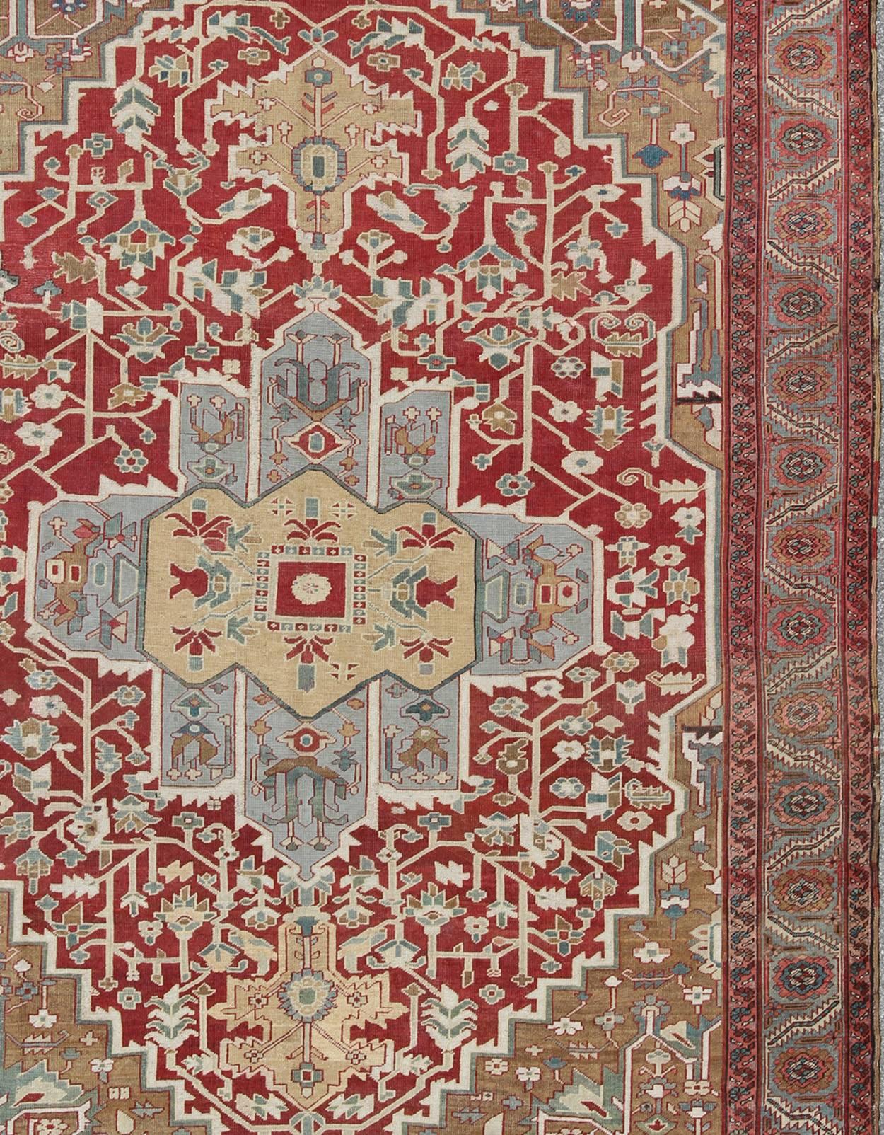 Bakshaish Antique Persian Serapi/Bakhshaiesh Rug in Brick Red, Light Blue & Camel Colors