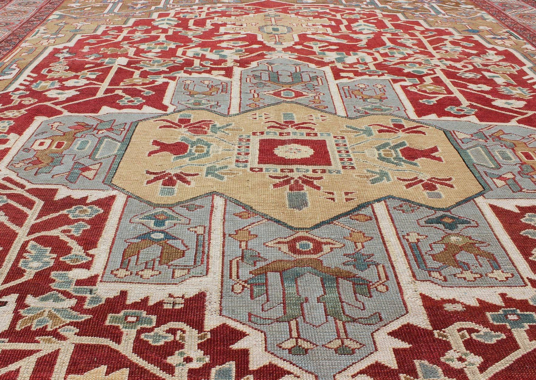 19th Century Antique Persian Serapi/Bakhshaiesh Rug in Brick Red, Light Blue & Camel Colors