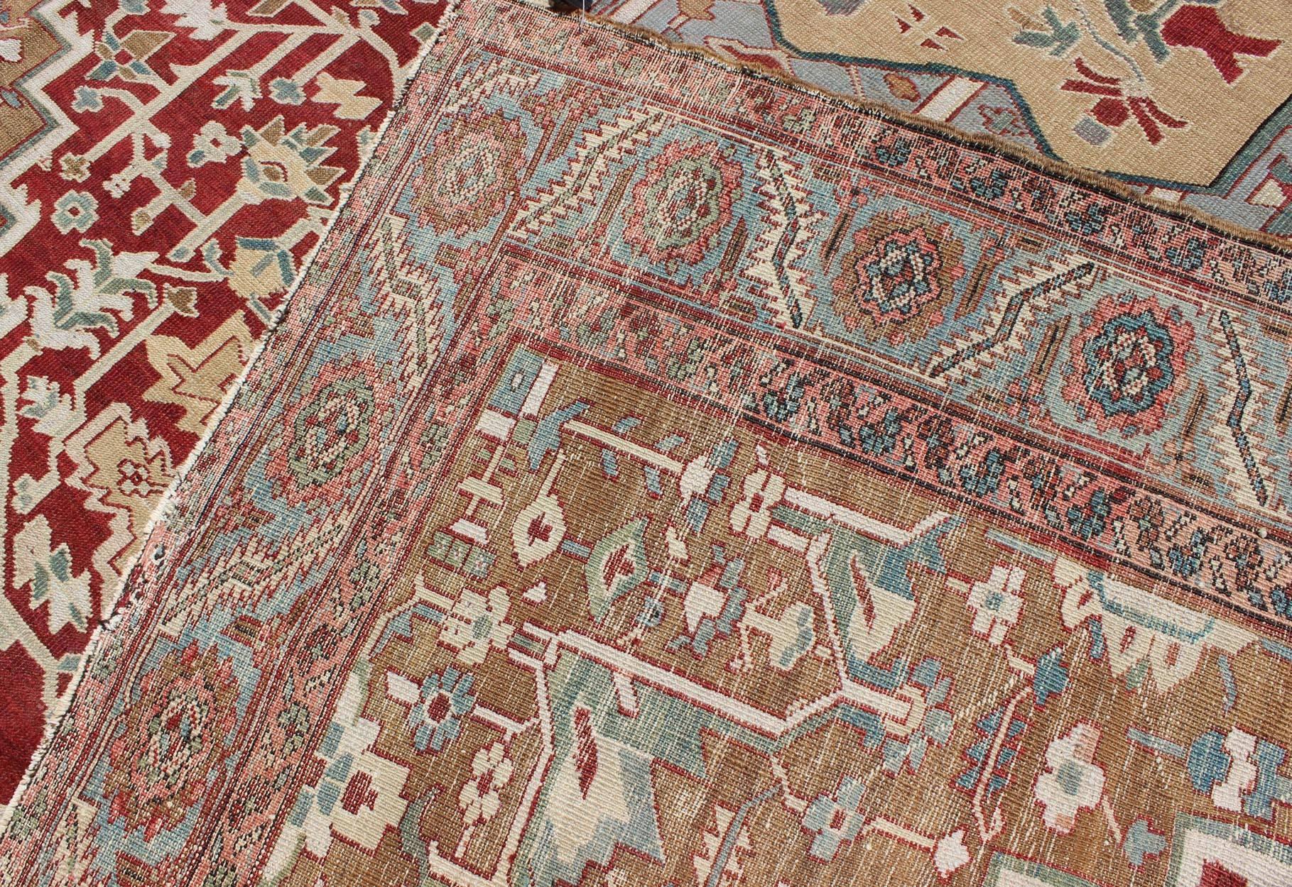 Wool Antique Persian Serapi/Bakhshaiesh Rug in Brick Red, Light Blue & Camel Colors