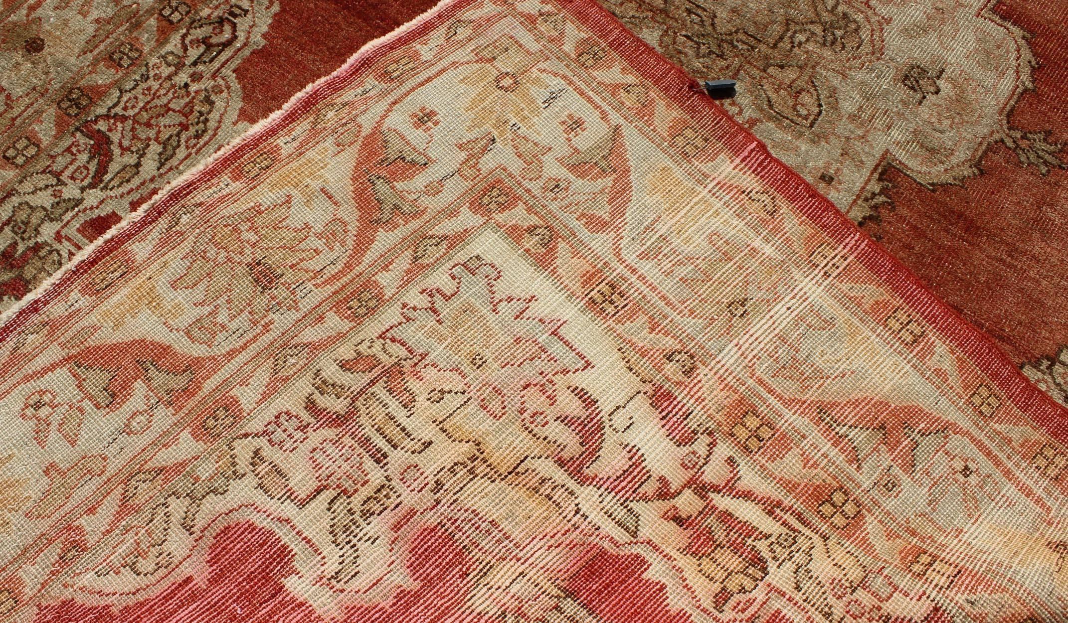 Antique Turkish Oushak Medallion Rug in Soft Red Background, Taupe & Pale Green For Sale 2